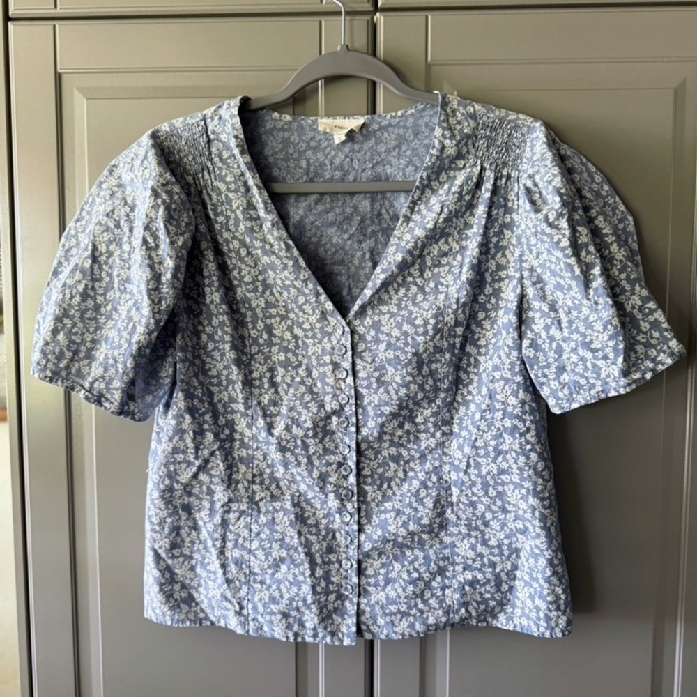 a loves a Cottagecore Floral Print Smocked Button Up Blouse , Blue,L